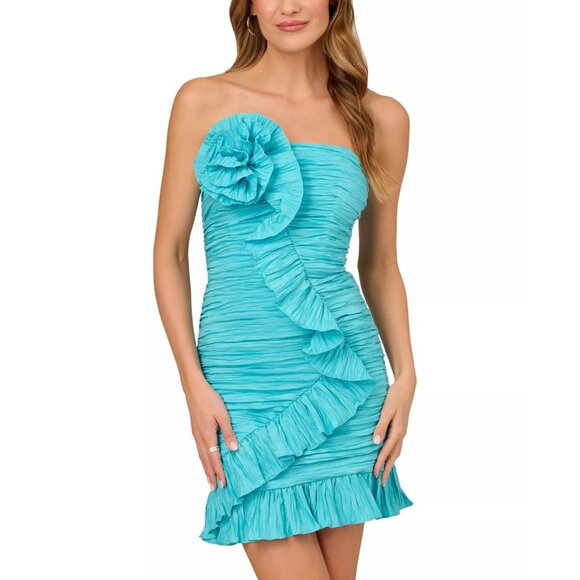 295$ Liv Foster Crushed Taffeta Rosette Bodycon Party Mini Dress Size 4 Blue - Picture 1 of 1